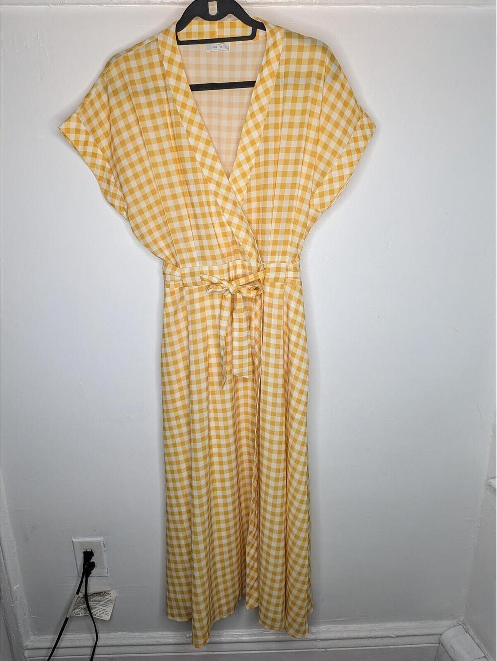 IRIS & INK Dress Womens 14 Yellow Gingham V Neck Kimono Sleeve Maxi Wrap